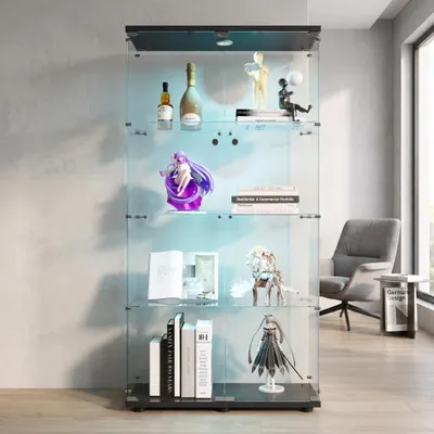 Obrázok produktu pre Sklenené vitríny INONEFT s LED osvetlením, stojaca vitrína s dvojitými dverami, čierna základňa, tvrdené sklo, vitrína do obývačky alebo spálne