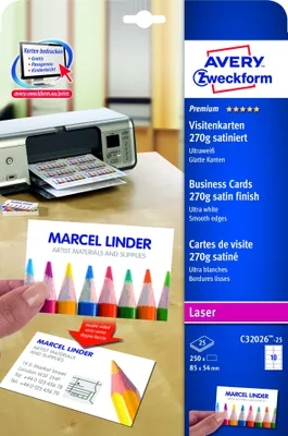 Produktbild von Avery Zweckform C32026-25 Premium Visitenkarten, 85 x 54 mm, beidseitig beschichtet - satiniert, 25 Blatt