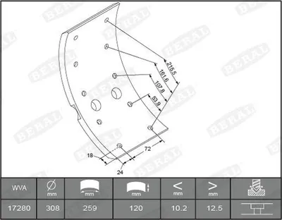 Produktbild von BERAL Bremsbelagsatz Trommelbremse KBL17280.4-1561 14,3mm 120mm 3,2kg