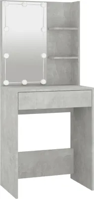A vanity table with a mirror and shelves.