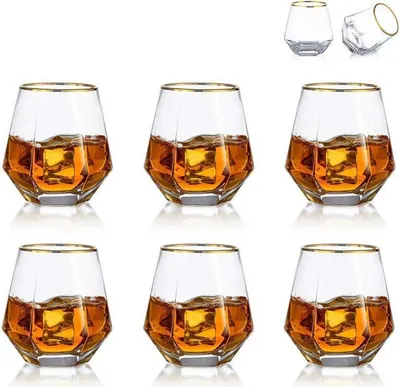 Zdjęcie produktu dla Szklanka do whisky Zestaw 6 szklanek Diamond Szklanka do szkockiej 300 ml Nowoczesny wygląd Mężczyźni Kobiety Tata Przyjaciele Bourbon Rum Tumbler Przezroczysty złoty brzeg