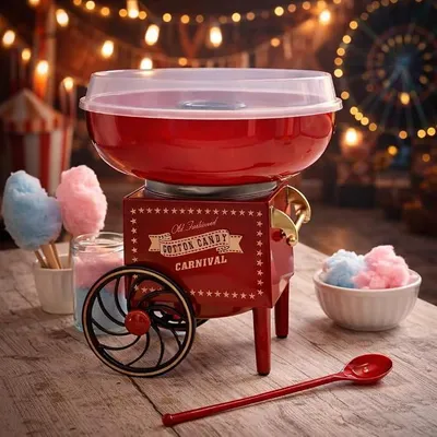 Productafbeelding van Suikerspinmachine voor thuisgebruik. Suikerspinmachine met lepel, in carnavalsstijl, retro design. Geschikt voor kinderfeestjes, verjaardagen en evenementen. Ideaal als cadeau voor Vaderdag