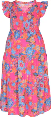 Produktbild von Damen Kleid Rot XXL, mittellang mit Blumenmuster, V-Ausschnitt und kurzen Schmetterlingsärmeln