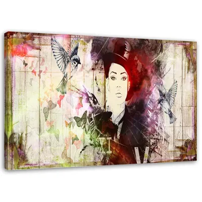 Produktbild von Leinwandbild mädchen mit hut gemalt 100x70 cm Feeby braun wandbild bereit zum aufhängen