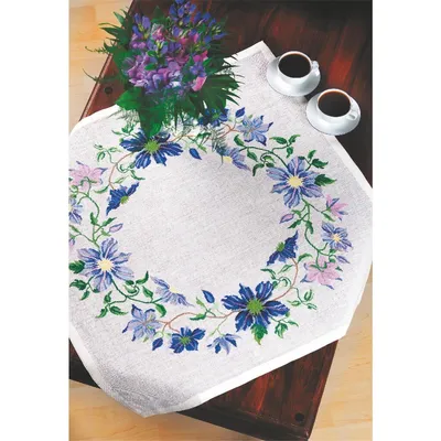 Produktbild von Eva Rosenstand Tischdecke Kreuzstich Set "Blaue Klematis", Zählmuster, 82x82cm