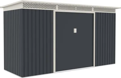 A dark gray shed with a white trim and roof, featuring a large sliding door.