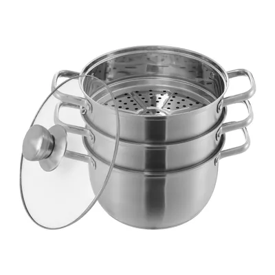 A stainless steel steamer pot with three tiers and a glass lid, shown on a white background.