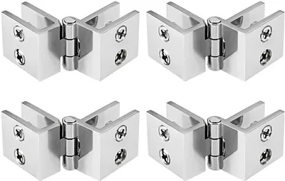 Four identical glass hinges are arranged in a grid on a white background.