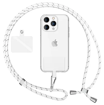 Obrázok produktu pre NALIA Univerzálna šnúrka s 2 podložkami a karabínkou - 160 cm reťaz na zavesenie mobilného telefónu okolo krku - bielo-sivá