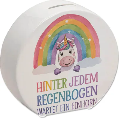 Produktbild von Lächelndes Einhorn Spardose Hinter jedem Regenbogen