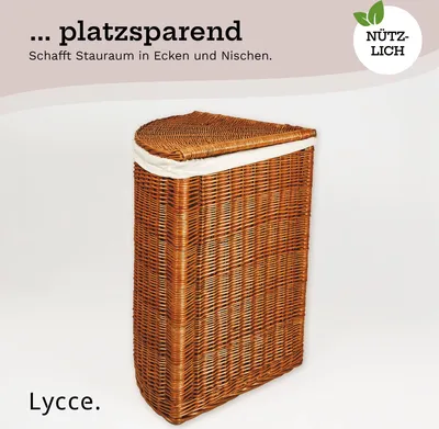 A wicker laundry hamper with a lid and fabric liner, shown against a plain background with marketing text.