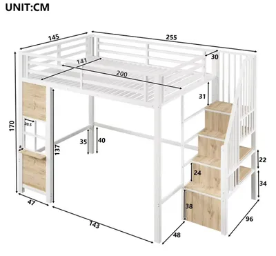 Productafbeelding van Hoogslaper - Metalen hoogslaper - 140 x 200 cm - Opbergruimte onder het bed - Veiligheidsreling - Ontwerp met raamdetails - Zonder matras - Wit