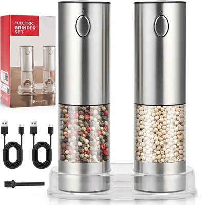 Produktbild von Elektrische Salz- und Pfeffermühle Set, Edelstahl Gewürzmühle, 2 Stück Elektrische Pfeffer- und Salzmühle im Set, USB Aufladbar, mit LED-Licht
