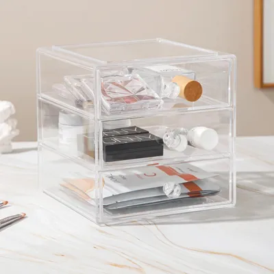 Image de Organisateur de maquillage avec 3 tiroirs, boîte de rangement en acrylique pour cosmétiques, bijoux et accessoires