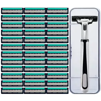 Produktbild von Manueller Herrenrasierer,Nassrasierer mit 3 Lagen Klinge mit Aloe Vera und rutschfestem，36 Klingen 1 Messerhalter 1 Messerhalterbox