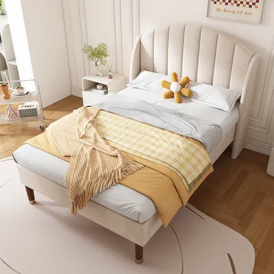 Produktbild von Sweiko Polsterbett 90*200cm mit Lattenrost und Kopfteil, Jugendbett, Einzelbett, Holzlattenunterstützung, Einfache Montage, Samt, beige