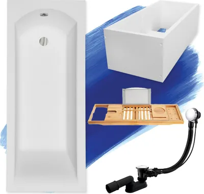 Produktbild von Badewanne Rechteck Set 5in1 180x80 mit Premium Ablaufgarnitur und Füßen GRATIS + Wannenträger + Bambus Holzablage | BADLAND SHEA