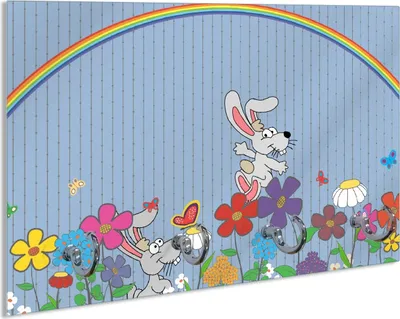 Produktbild von Wallario Schlüsselbrett aus Glas, Motiv: Süße Hasen unter einem Regenbogen, 30 x 20 cm mit 4 Haken
