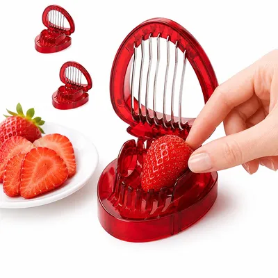 Produktbild von Erdbeerschneider 3er Set, Edelstahl Obstschneider mit 7 Klingen, Erdbeerteiler für gleichmäßige Scheiben, Obstsalat, Kuchen Deko und Küche