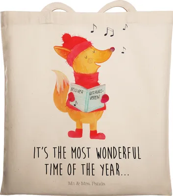 Produktbild von Mr. & Mrs. Panda Tote Bag Fuchs Sänger - Transparent - Geschenk, Heiligabend, Weihnachtslieder, Füchse, Jutebeutel, Weihnachten, Tasche, Unitasche, Winter, Uni