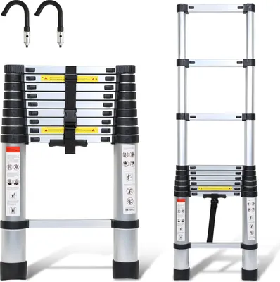 Immagine prodotto di TolleTour scala telescopica argento 2,6 m Con ganci Scala di prolunga fino a 150 kg Robusta scala singola in alluminio Scala multifunzionale Scala a gradini