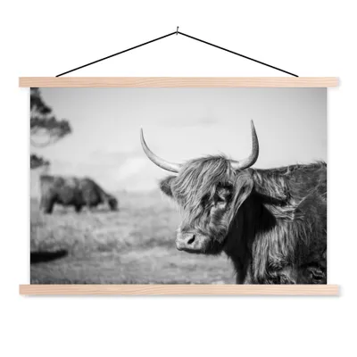 Produktbild von MuchoWow® Textilposter Schottischer Highlander - Tiere - Schwarz - Weiß 120x80 cm mit holzfarbenen Rahmen - Aufhängeset