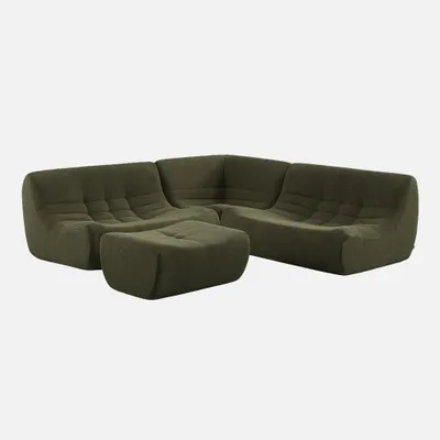 Produktbild von sweeek - Modulares 5-Sitzer Ecksofa mit strukturiertem Bouclé-Bezug und Hocker - Khaki
