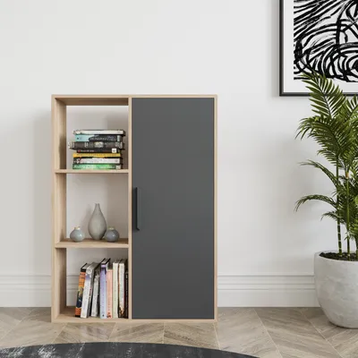 Image de Bibliothèque Decorotika Patrick avec espaces de rangement ouverts et fermés, chêne clair et anthracite