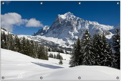 Produktbild von Wallario Outdoor-Poster für Garten oder Balkon, Motiv Verschneiter Berghang unter blauem Himmel, in ca. 100 x 150 cm
