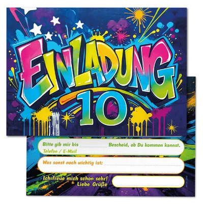 12 Einladungskarten 10. Geburtstag Graffiti-Design für Kinder