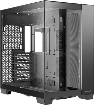 An empty black full tower ATX computer case with tempered glass side panels.