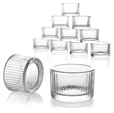 Produktbild von Teelichtgläser 12er Set - Kleine Windlichter, Teelichthalter für Tischdekoration - Kerzengläser, Kerzenhalter für Party und Hochzeit - 5,5 x 3,5 cm Klar Geriffelt