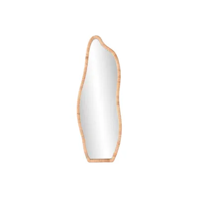 A full-length mirror with an irregular, organic shape and a natural rattan frame, presented against a plain white background.