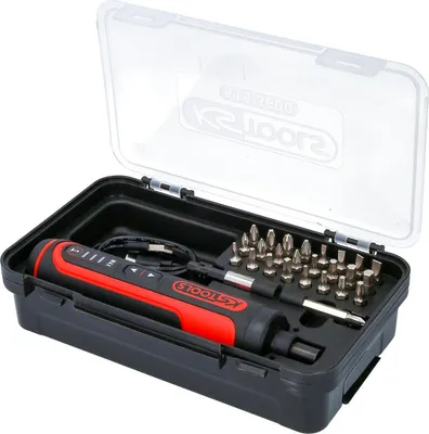 A black and red electric screwdriver set with various bits in a black case with a clear lid.