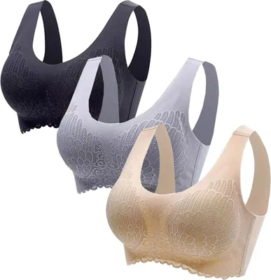 Produktbild von ASKSA Damen 3PC BH Ohne Buegel Push up Sport bhs Gepolstert Spitzen Bustier Nahtlos Stretch Bra Comfit Yoga bh, 01 Schwarz+grau+khaki, Groesse: 4XL