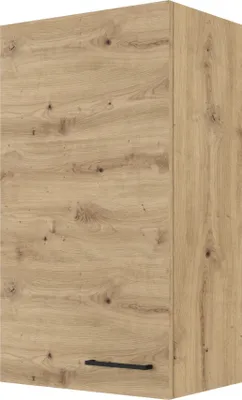 A close-up, angled view of a wooden cabinet door with a black handle.