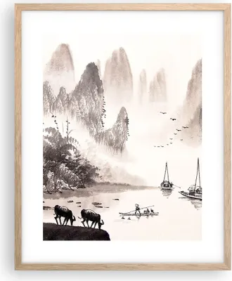 Produktbild von Gerahmtes Poster - Rahmen in heller Eiche - Chinesisch Landschaft Aquarell - 40x50 cm - Wand Bild - Wanddeko - Wandbilder - Wandposter - Bilderrahmen - Bilder - Kunstdruck - Wandbild - P2NPA40x50-4265