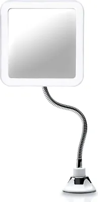 A close-up studio shot of a flexible makeup mirror with a suction cup base.