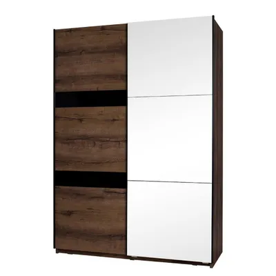 Obrázek produktu pro Šatní skříň 150 cm se zrcadlem PEORIA 8 - dub monastery / lesklá černá