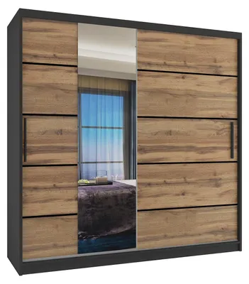 Image de BELINI Verona : Armoire coulissante de 200 cm, noire/dorée mate, avec miroir et 2 tiroirs, idéale pour la chambre