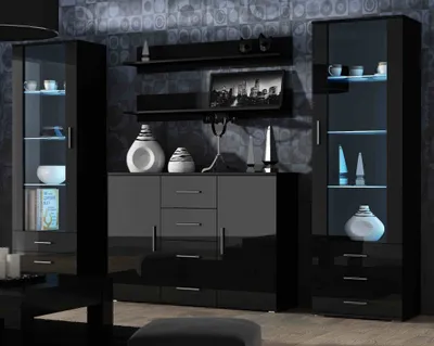 Produktbild von Furniture24 Wohnwand SOHO 3 mit Blauer LED Beleuchtung, Anbauwand, Wohnzimmerschrank, Schrankwand, Vitrine, Sideboard, Hängeregal Schwarz/Schwarz Hochglanz
