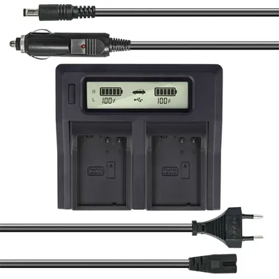 Produktbild von Dual Akku-Ladegerät kompatibel mit Panasonic DMW-BLD10E - mit USB-Anschluss, LCD-Display und Kfz-Ladekabel - Schnellladegerät