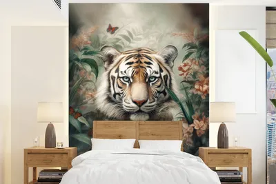Produktbild von MuchoWow® Fototapete für Wohnzimmer oder Schlafzimmer Wandtapete Vinyl Motivtapete Tiger - Schmetterlinge - Tiere - Dschungel - Blumen - 190x260 cm - Papiertapete