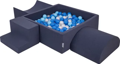 Produktbild von KiddyMoon spielplatz aus schaumstoff mit quadrat bällebad (200 bälle) ballgruben für babys spielbad hindernisläufen, hergestellt in der eu, dunkelblau:babyblue/blau/perle