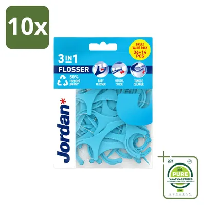Produktbild von 10 x Jordan 3-in-1 Flosser - Zahnseide, Zahnstocher und Zungenreiniger - Großpackung - 10 Stücke