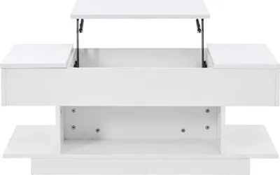 Produktbild von Lift Couchtisch 98x45x40cm Hoehenverstellbar Lift Tischplatte 2 Klappschraenken Halboffener Stauraum Hochglanz LED Weiss Wohnzimmertisch Beistelltisch