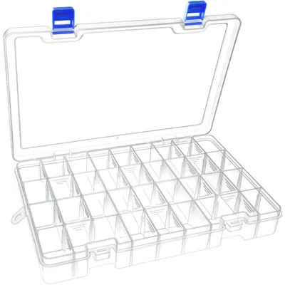 Productafbeelding van 34 transparante sorteerboxen met roosterindeling voor kleine onderdelen, verstelbare compartimenten, assortimentsbox, sieradenorganizer.