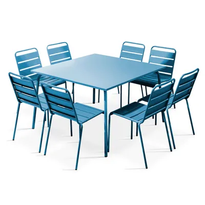 Produktbild von Quadratischer Gartentisch aus Metall mit 8 Stühlen Pazifisch blau - Oviala Palavas