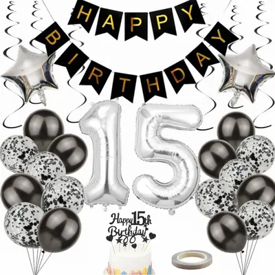 Produktbild von Ballons 15. Geburtstag Dekoration, Schwarz und Silber, Set mit 15 Ballons, Festdekoration für Jungen und