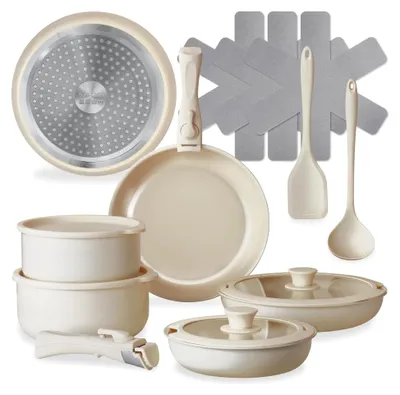 Produktbild von 16-teiliges Kochtopfset mit Keramik-Antihaftbeschichtung, Töpfe und Pfannen Set, abnehmbare Griffe, 3 Bratpfannen, 2 Töpfe, Glasdeckel mit Dampfabzug, Induktionsgeeignet